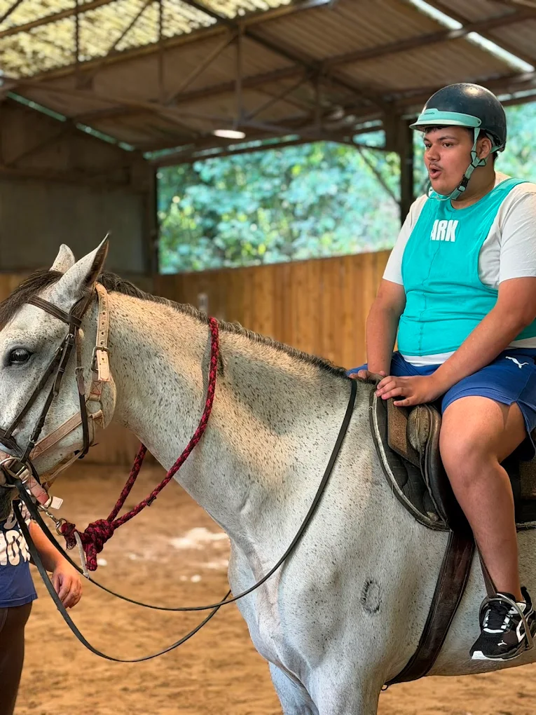 Jeune cavalier casqué sur un cheval blanc lors d'une séance d'équitation adaptée